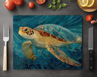 Mosaic Turtle Glass Cutting Board: Coastal Kitchen Decor