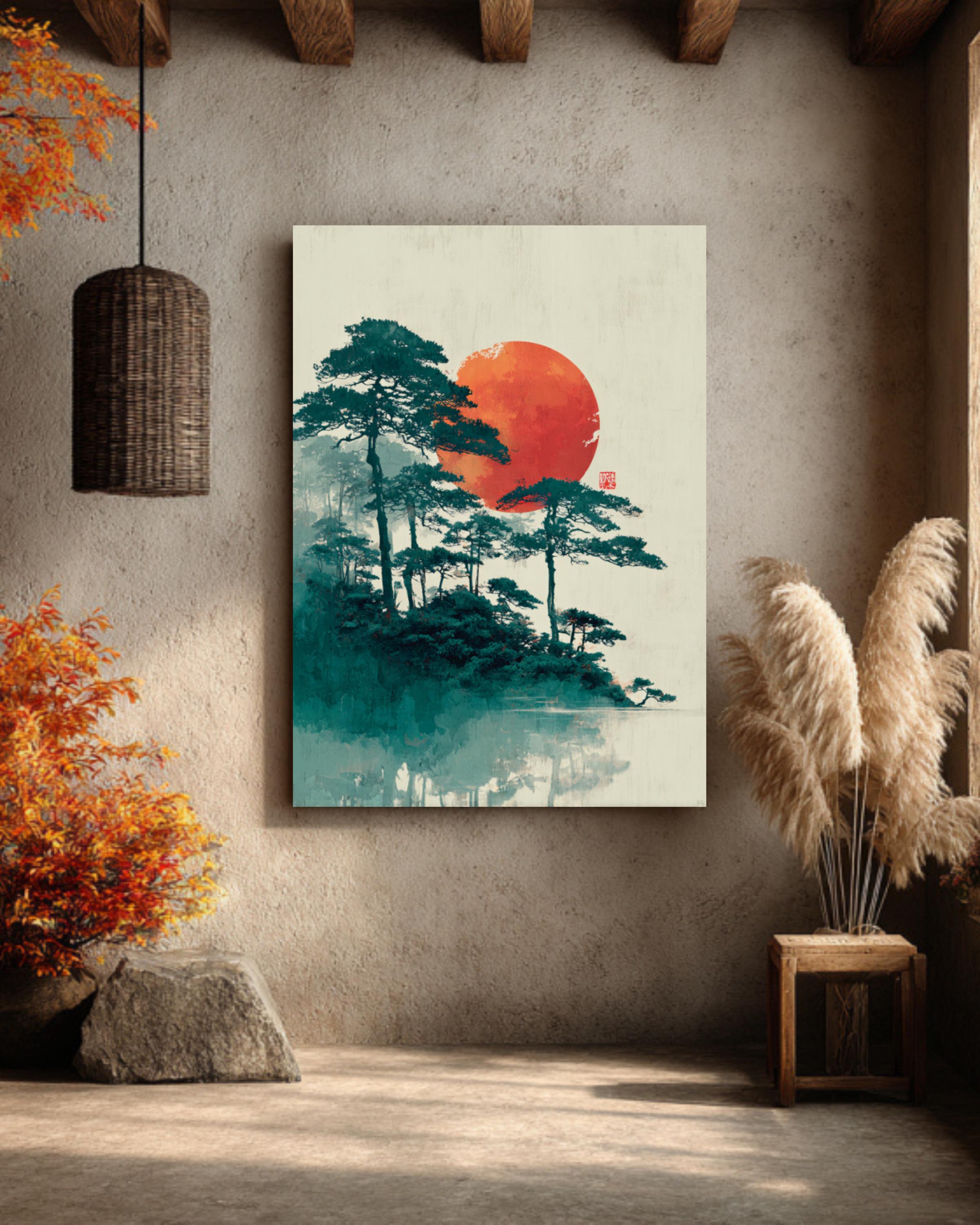 Japanese Sunrise Zen Art: Misty Pine Tree Landscape, Hiroshi