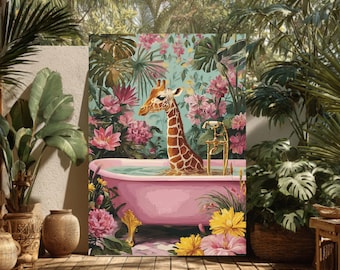 Whimsical Giraffe in Bathtub Print | Tropical Floral Animal Wall Art