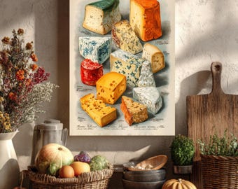 Vintage Cheese Chart Print: Colorized 20th Century Kitchen Wall Art