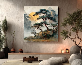 Pintura de paisaje chino con árboles / Acuarela y óleo sobre lienzo / Luz dorada y montañas / Decoración de pared con arte tradicional chino