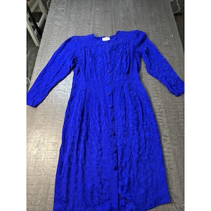 Vintage Adrianna Papell 80s Blue Print Pleated Silk Midi Dress Sz 16 No Belt image 1