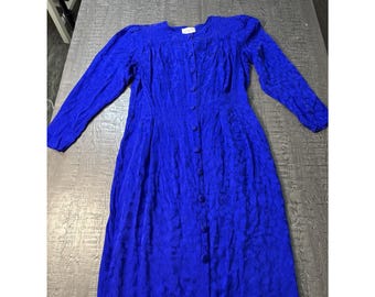Vintage Adrianna Papell 80s Blue Print Pleated Silk Midi Dress Sz 16 No Belt