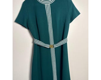 Vintage 1960s Bobbie Brooks Mod Mini Dress Green White Belted 34" Length Brdy