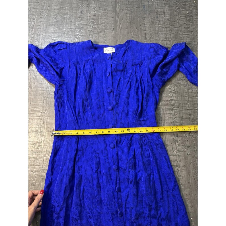 Vintage Adrianna Papell 80s Blue Print Pleated Silk Midi Dress Sz 16 No Belt image 4