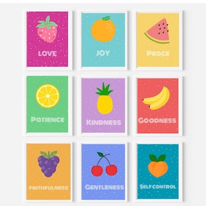 Fruit of the Spirit Wall Art- Set of 9 Bright Printable Bible Verse Prints, Christian Kids Room Decor, Galatians 5:22-23 Digital Download