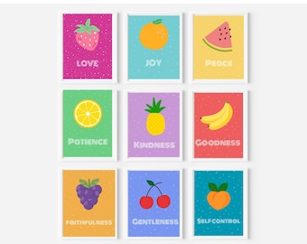 Frucht des Geistes Wandkunst-Set mit 9 hellen druckbaren Bibel-Versdrucken, christliches Kinderzimmer-Dekor, Galater 5:22-23 digitaler Download