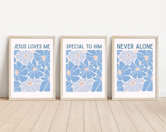 God's Promises Nursery Wall Art Set- Christian Nursery or Kids room Decor- Blue Floral- set of 3