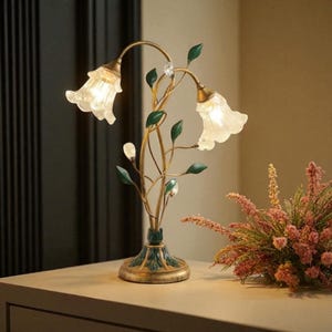 French Style Green Leaf Glass Table Lamp, LED Flower Bedside Light for Living Room and Bedroom, Spring Summer Home Decor Gift USA UK