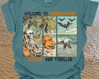 Comfort Colors® Summerween Shirt, Spooky Beach Skeleton Tee, Halloween In July Shirt, Retro Pumpkin Beach Graphic Tee, Cute Retro Summer Tee
