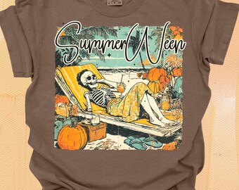 Comfort Colors® Summerween Skeleton Beach Shirt, Girly Spooky Summer Tee, Retro Halloween Vacation Shirt, Goth Beach Tee, Pumpkin Horror Tee
