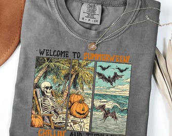 Comfort Colors Summerween Skeleton Beach Shirt, Retro Halloween Vibes Tee