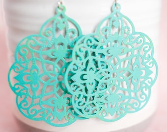 Big Turquoise Patina Filigree Earrings // Statement Earrings // Patina Earrings // Blue Green Earrings // Gifts for Her // Flower Earrings