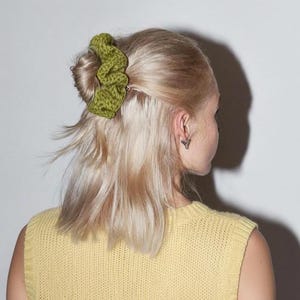 Sage Green Crochet Scrunchie, Chunky Scalloped Hair Tie, Aesthetic Cottagecore Accessory, Handmade Knit-look Puffy Hair Cloud, Gift for Her