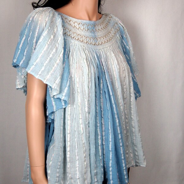 Vintage 70's Indian Gauze tie Dye Top/ Babydoll Blue Metallic Striped S M