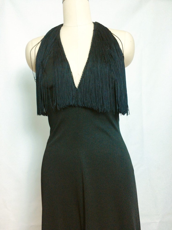 Lilli Diamond Black Fringe Maxi Dress~ 1970s 70s S