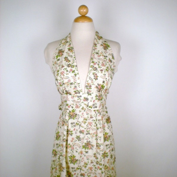 70's Cream Floral Halter Long Dress S