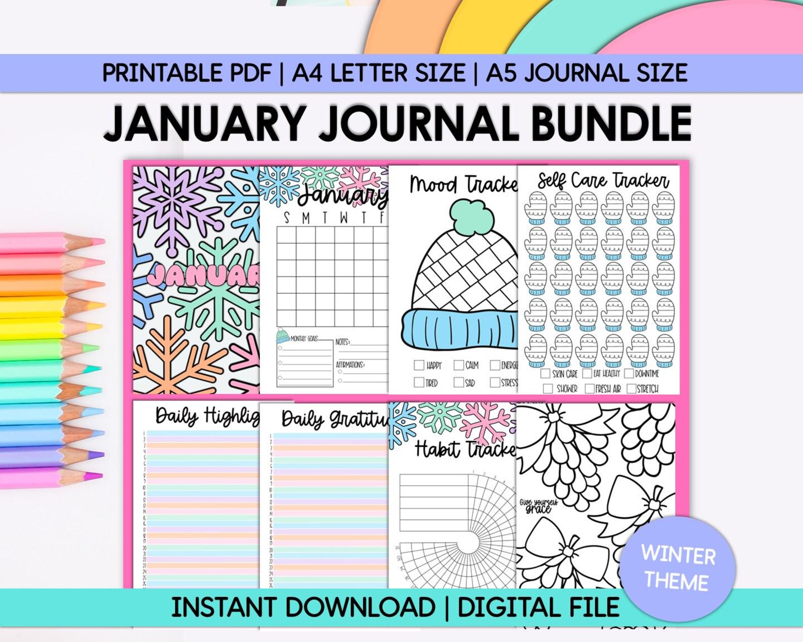 January Winter Bullet Journal Printable - Full Colour Digital Planner ...