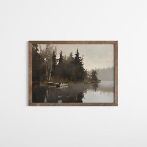 Vintage Lake Landscape Painting | Rustic Canoe Wall Art Print | Misty Forest River Scene | Muted Nature Home Decor | Digital Download
