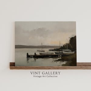 Seascape Harbor Oil Painting | Boats at Dock Coastal Wall Art | Nautical Marine Landscape Print | Seaside Ocean Artwork Home Decor