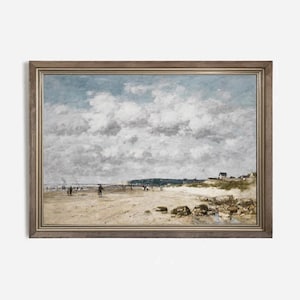 Vintage schilderij strandtafereel: kust nautische muurkunst (digitale download)