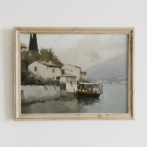 Mediterranean Coastal Village Painting | Vintage Seaside Wall Art Print | Italian Harbor Digital Download | Rustic Boat Landscape Decor