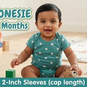 May include: A baby onesie in teal with white star patterns. The onesie has 2-inch sleeves and is designed for babies aged 0 to 18 months. The image also shows a baby, wooden blocks, and a teddy bear.