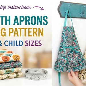 May include: Image features oilcloth aprons sewing pattern for adult and child sizes. Two aprons hang on a wall, one with a teal paisley design and the other with a floral pattern. A stack of fabric and a measuring tape are in the foreground.