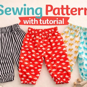 May include: Three pairs of baby pants in different patterns: black and white stripes, red with white clouds, and light blue with blue horses. The words "Sewing Pattern with tutorial" are at the top.