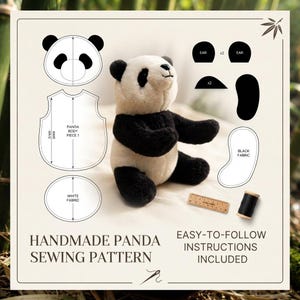 May include: A sewing pattern for a plush panda toy, featuring a finished black and white panda doll, paper pattern templates for the head and body, a small wooden ruler, and a spool of black thread, with text reading HANDMADE PANDA SEWING PATTERN.