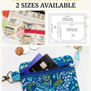 May include: A zipper pouch sewing pattern featuring text that reads ZIPPER POUCH SEWING PATTERN 2 SIZES AVAILABLE. The image includes a diagram with measurements in cm and a blue fabric pouch with a floral print containing two credit cards.