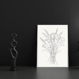 Wildflower Bouquet Line Art | Minimal Botanical Wall Art Printable | Boho Floral Ink Drawing | Black White Nature Illustration