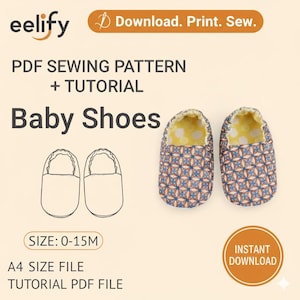以下が含まれることがあります： ベビーシューズのデジタルPDF縫製パターン。画像には、青とオレンジの幾何学模様のベビーシューズのペアと、靴の線画が写っています。テキストは「Baby Shoes」と「Download. Print. Sew.」と書かれています。