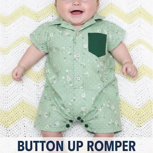 May include: A smiling baby wearing a light green romper with a floral pattern and a dark green pocket. The romper has buttons and short sleeves. Text on the image reads "BUTTON UP ROMPER SEWING PATTERN WITH STEP BY STEP GUIDE".