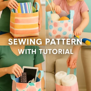 以下が含まれることがあります： 青い持ち手が付いた、カラフルな布製収納バスケットのコラージュ。バスケットには、糸、本、タブレットなど、さまざまなアイテムが入っています。「SEWING PATTERN WITH TUTORIAL」というテキストが表示されています。