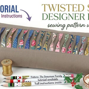May include: A rectangular pillow with a twisted strips design, featuring various patterned fabrics in blue, pink, and green. The pillow is a sewing pattern with a tutorial. The text on the image says "WITH TUTORIAL" and "TWISTED STRIPS DESIGNER PILLOW".