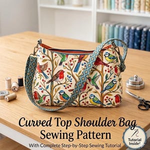 May include: A cream-colored shoulder bag with a curved top, featuring a colorful bird and tree pattern. The bag has a patterned strap and is displayed on a wooden table. Text on the image reads "Curved Top Shoulder Bag Sewing Pattern".