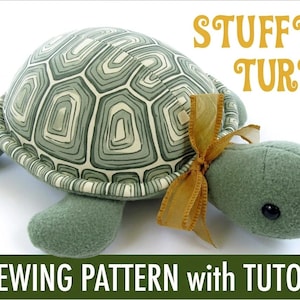 May include: A soft toy turtle with a patterned shell in green and white, tied with a gold ribbon. The text "STUFFED TURTLE" is in gold letters. The bottom banner reads "SEWING PATTERN with TUTORIAL".