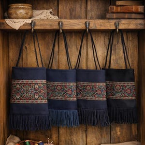 May include: Four dark navy blue tote bags hanging from metal hooks. Each bag features a horizontal band with a multi-colored floral pattern in red, green, and gold, and a long fringe trim along the bottom edge with two thin shoulder straps.