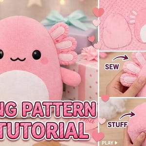 Könnte beinhalten: Ein rosa Axolotl-Plüschtier mit schwarzen Augen und weißem Bauch. Das Bild zeigt eine Nähanleitung, bei der Stoff zugeschnitten, Teile zusammengenäht und das Plüschtier mit weißem Polyester-Füllmaterial ausgestopft wird.