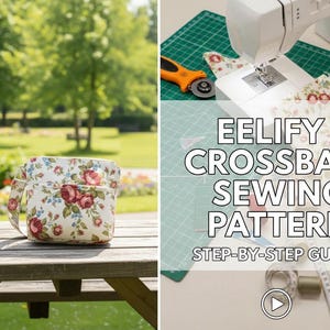 以下が含まれることがあります： 公園の木製ピクニックテーブルに、花のクロスバッグが置かれています。バッグは、赤いバラと青いアクセントのクリーム色の背景が特徴です。画像には、ミシンとテキスト「EELIFY CROSSBAG SEWING PATTERN STEP-BY-STEP GUIDE」も表示されています。