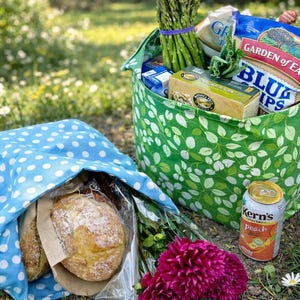 May include: A picnic scene with a blue polka dot bag holding bread and a green leaf-patterned tote filled with food items. A can of Kern's Peach juice and a bouquet of flowers are also present.