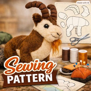 May include: A plush goat toy with brown and cream fur, curved horns, and an orange beard. Beside it are sewing pattern diagrams, silver scissors, three spools of thread in brown, white, and orange, and a pincushion with colourful pins.