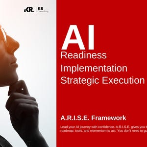 Może przedstawiać: Obraz przedstawia sylwetkę osoby w okularach, nałożoną na grafikę cyfrową. Tekst brzmi "AI Readiness Implementation Strategic Execution" i "A.R.I.S.E. Framework" na czerwonym tle.