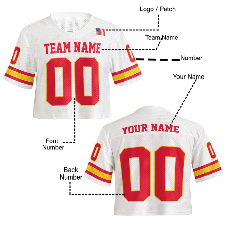 May include: White athletic jersey with red and yellow accents. The front displays "TEAM NAME" above the number "00". The back shows "YOUR NAME" above the number "00". An American flag patch is visible.