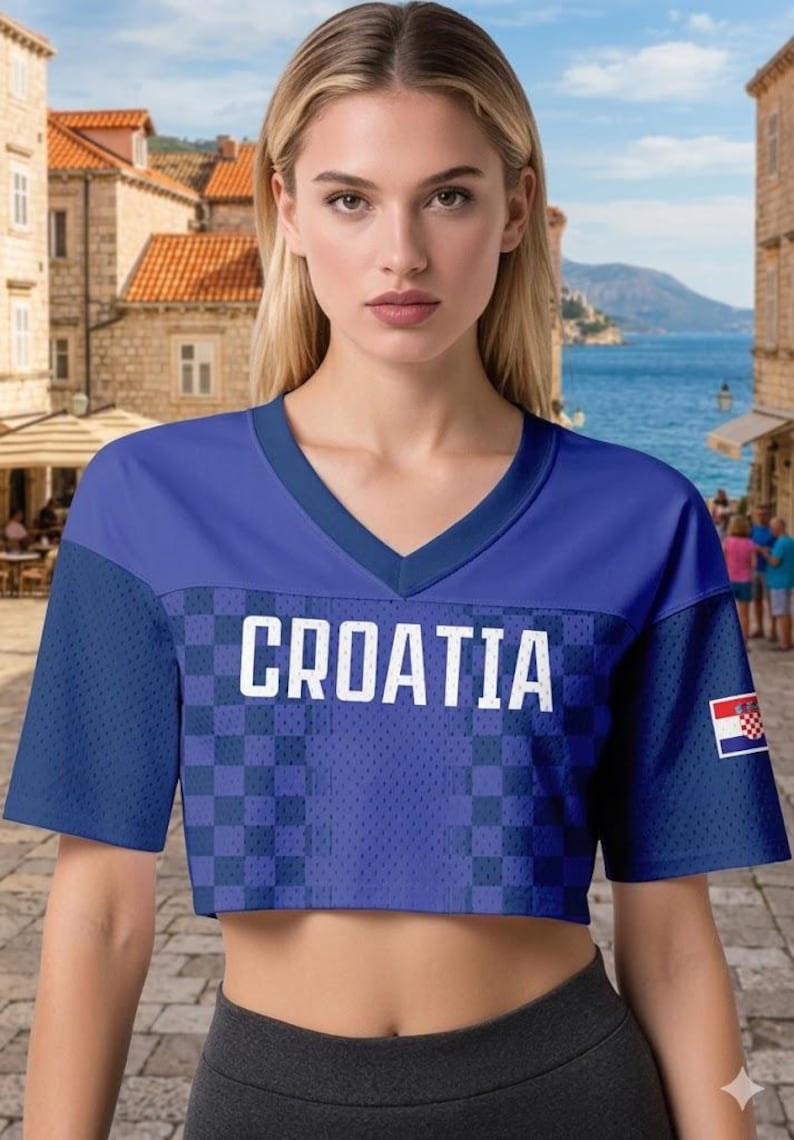 May include: A cropped blue jersey with the word "CROATIA" in white block letters. The jersey has a V-neck and a checkered pattern on the front. A Croatian flag patch is on the right sleeve.