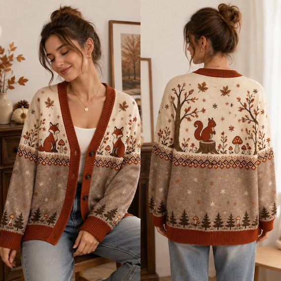 Woodland Fox Cardigan, Cute Forest Animal Sweater, Autumn Nature Knit Cardigan, Cozy Fall Outfit, Squirrel Fox Gift, Women's Button Up