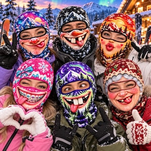 May include: A collection of five balaclavas featuring vibrant, humorous character prints including a snowman, a person with braces, a winter landscape, and a festive holiday design, all worn by individuals in winter gear against a snowy backdrop.