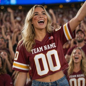 May include: A maroon and gold cropped football jersey with the text "TEAM NAME" and the number "00" in white. An American flag patch is on the right sleeve. The jersey is worn by a person in a crowd of cheering fans.