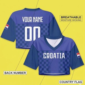 Custom Croatia Style Jersey Crop Top, Personalized Woman Football Shirt, Red White Checkered Aesthetic Summer Outfit, Sporty Gameday image 3